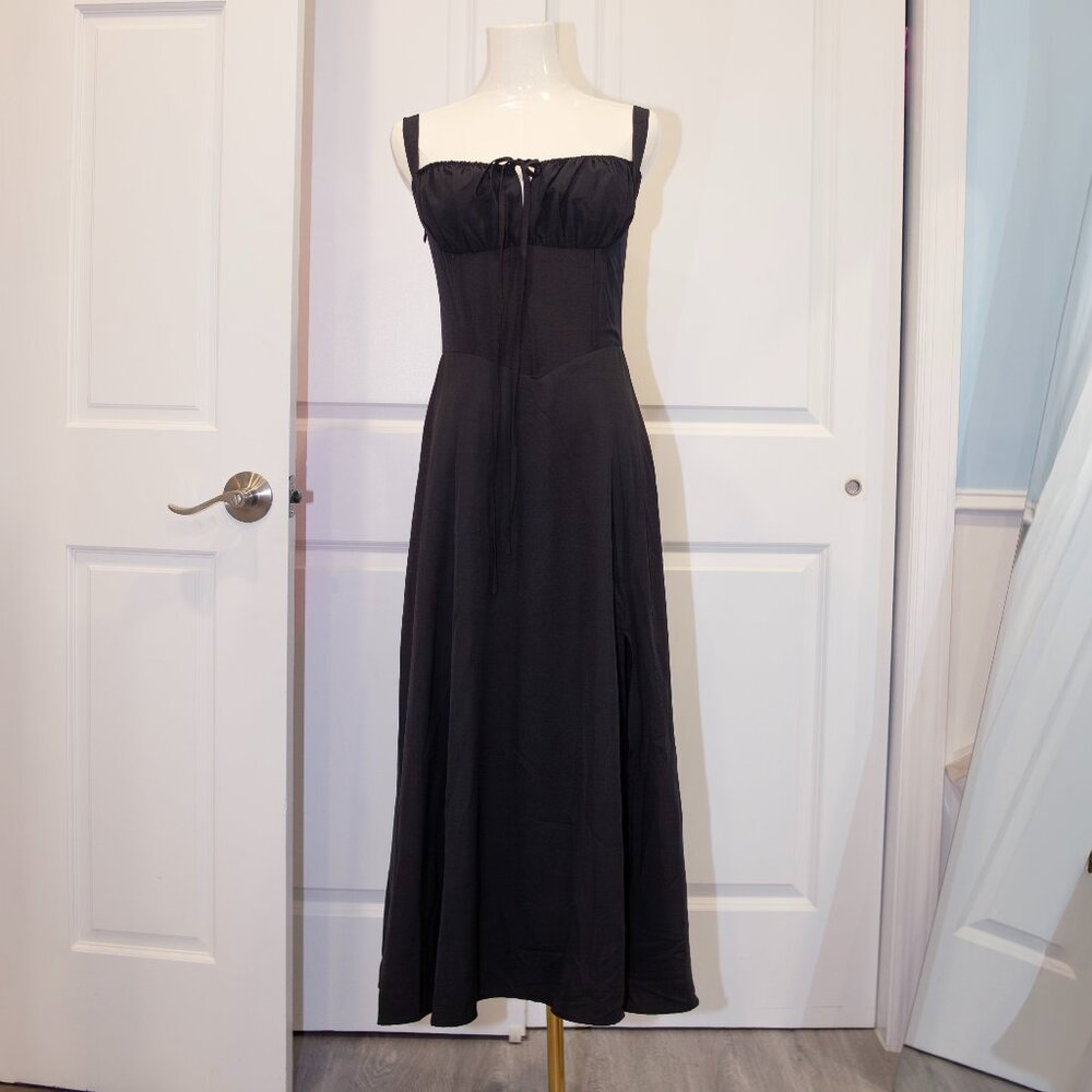Black Corset Milkmaid Midi Dress – Sweetheart Bodice, Lace-Up Back